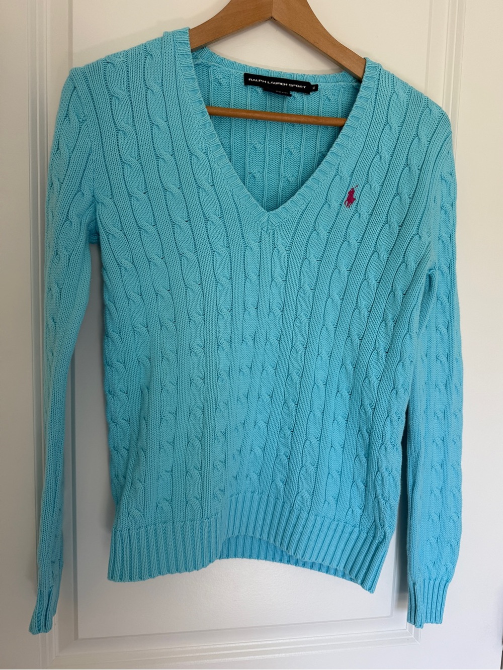 Ralph Lauren SPORT Women’s Cable V-Neck Sweater in Turquoise with Pink Logo M